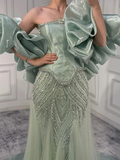 Luxury Sage Green Beaded Mermaid Evening Dress with Balloon Sleeves LA73201 - SERENE  HILL