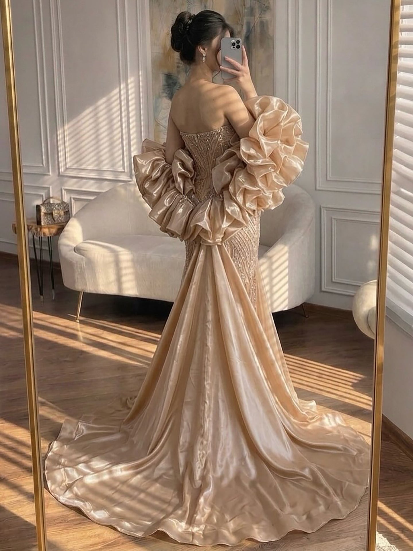 Luxury Sage Green Beaded Mermaid Evening Dress with Balloon Sleeves LA73201