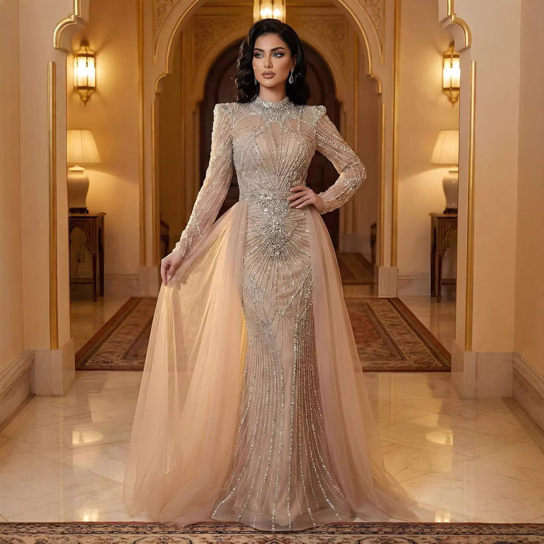 Luxury Muslim Nude Beaded Mermaid Evening Dress LA73203A - SERENE  HILL
