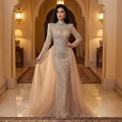 luxury muslim dresses Luxury Muslim Nude Beaded Mermaid Evening Dress LA73203A