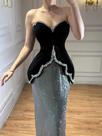 Luxury Black Strapless Beaded Mermaid Evening Dress LA73206A - SERENE  HILL