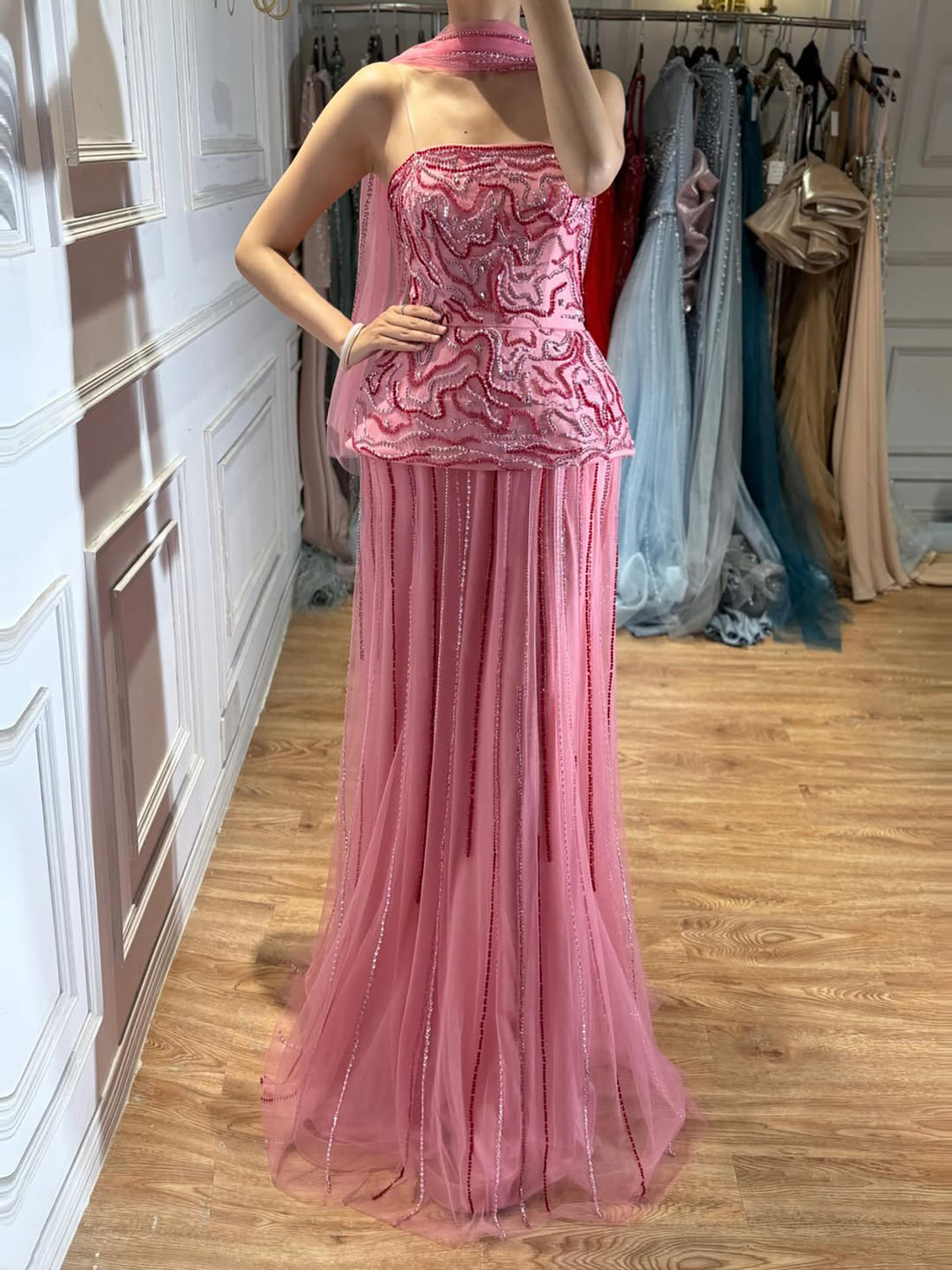 Luxury Pink Two Piece Crystal Sequin Evening Gown LA73207