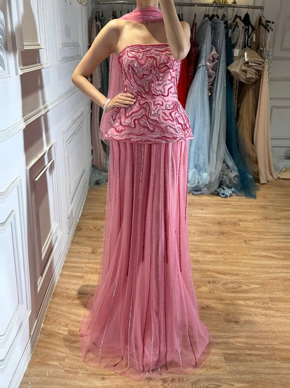 Luxury Pink Two Piece Crystal Sequin Evening Gown LA73207