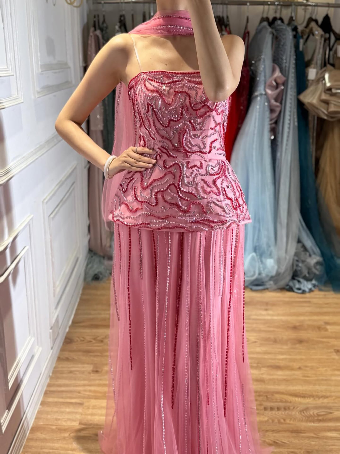 Luxury Pink Two Piece Crystal Sequin Evening Gown LA73207