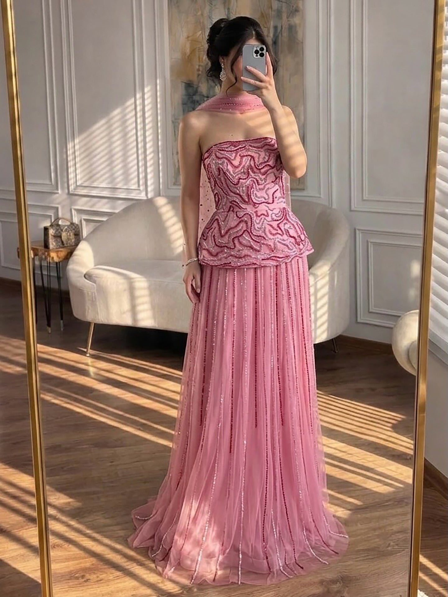 Luxury Pink Two Piece Crystal Sequin Evening Gown LA73207