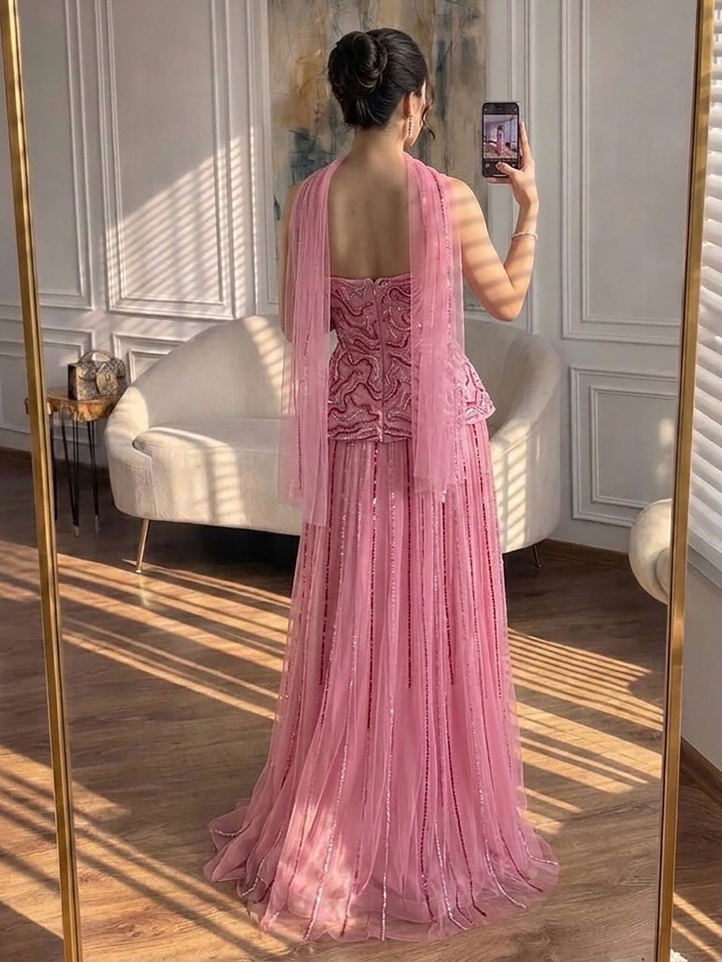 Luxury Pink Two Piece Crystal Sequin Evening Gown LA73207