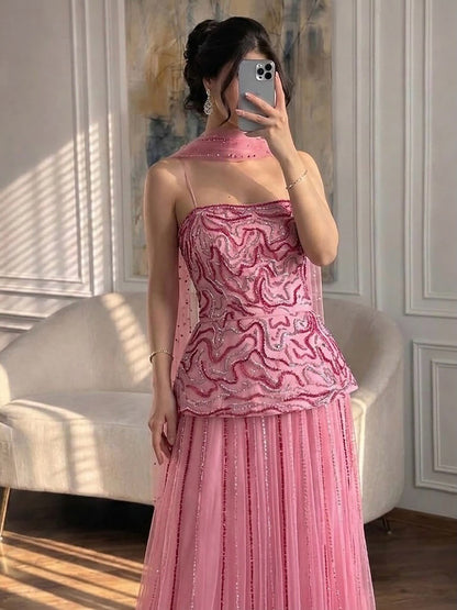 Luxury Pink Two Piece Crystal Sequin Evening Gown LA73207