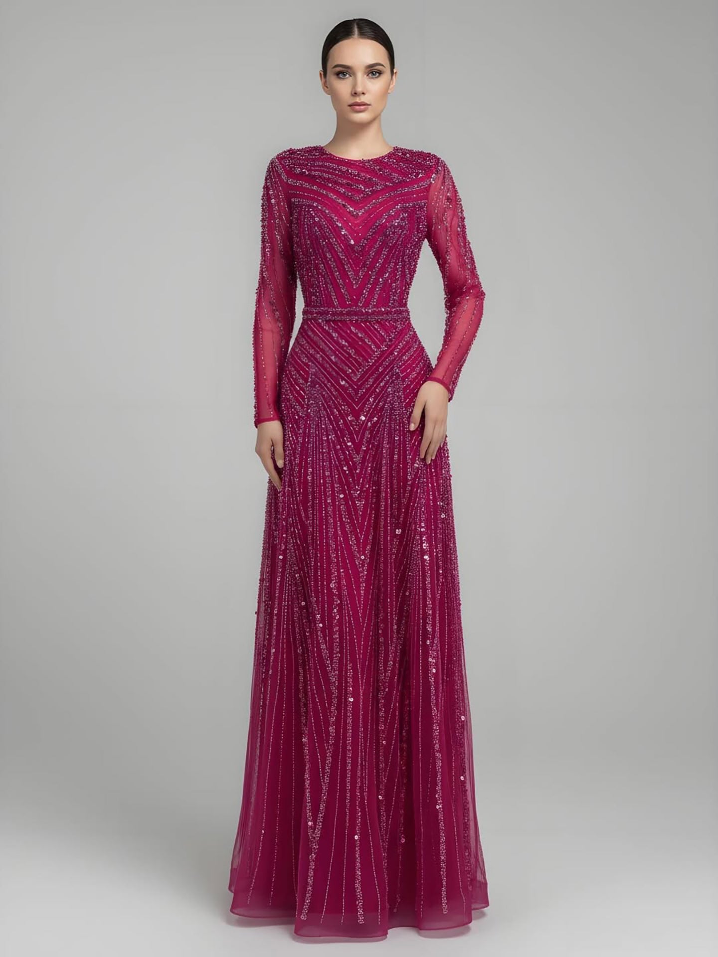 Luxury Fuchsia A-line Beaded Long Sleeve Evening Dress LA73208 - SERENE  HILL