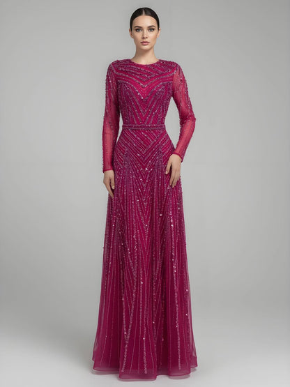 Luxury Fuchsia A-line Beaded Long Sleeve Evening Dress LA73208 - SERENE  HILL