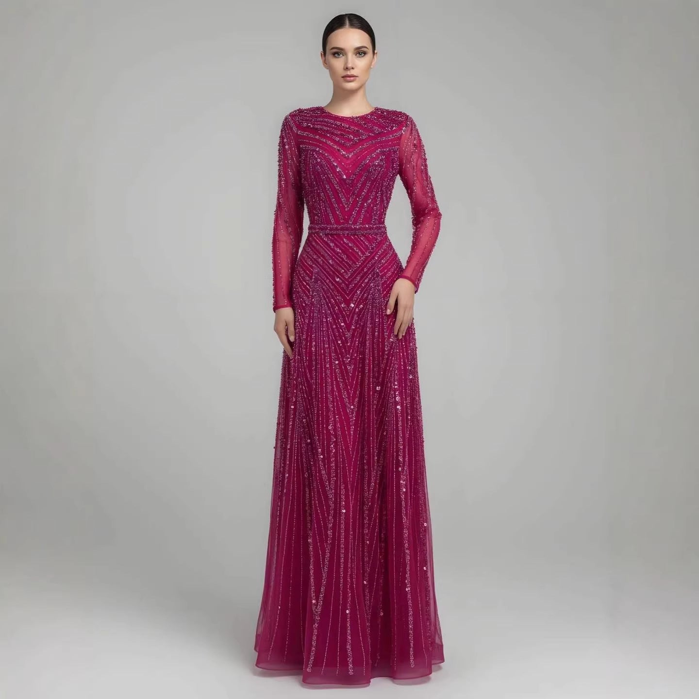 Luxury Fuchsia A-line Beaded Long Sleeve Evening Dress LA73208 - SERENE  HILL