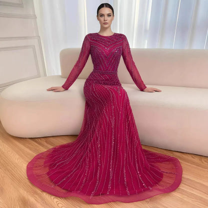 Luxury Fuchsia A-line Beaded Long Sleeve Evening Dress LA73208 - SERENE  HILL