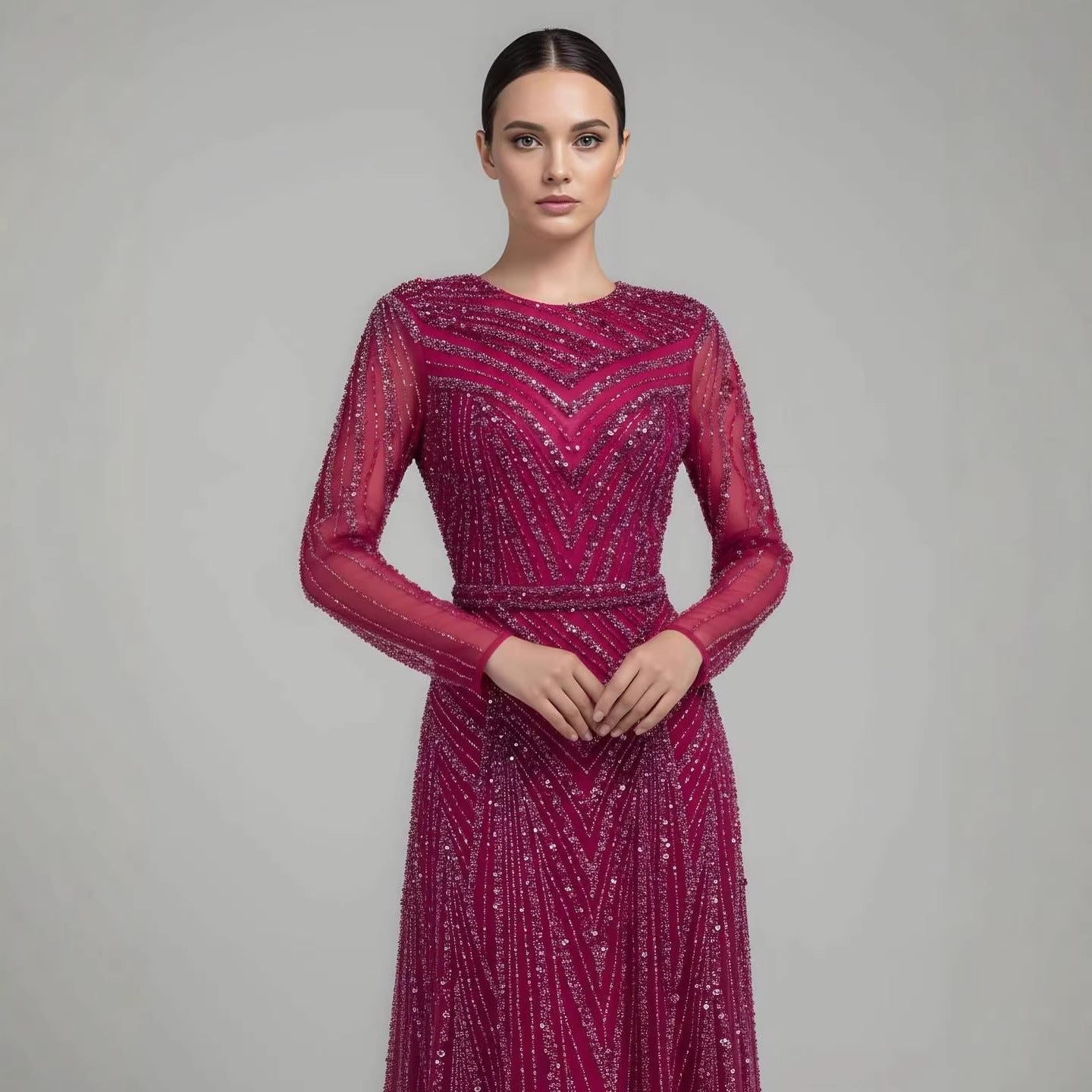 Luxury Fuchsia A-line Beaded Long Sleeve Evening Dress LA73208 - SERENE  HILL