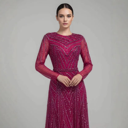 Luxury Fuchsia A-line Beaded Long Sleeve Evening Dress LA73208 - SERENE  HILL