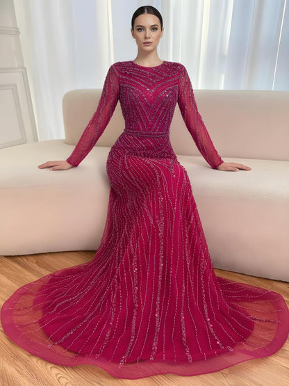 Luxury Fuchsia A-line Beaded Long Sleeve Evening Dress LA73208 - SERENE  HILL