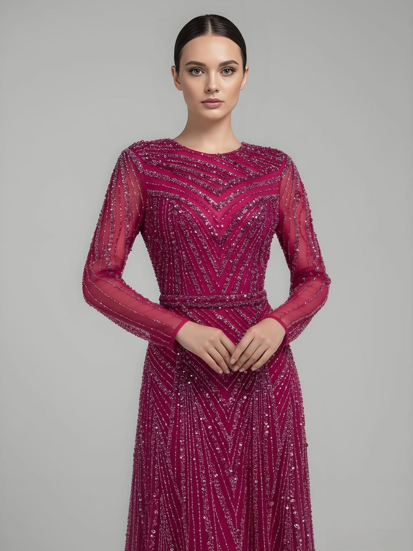 Luxury Fuchsia A-line Beaded Long Sleeve Evening Dress LA73208 - SERENE  HILL