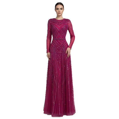 Luxury Fuchsia A-line Beaded Long Sleeve Evening Dress LA73208 - SERENE  HILL