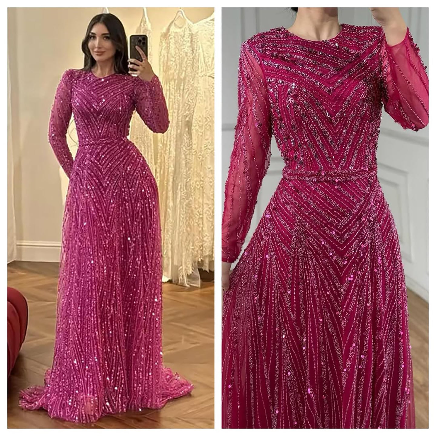 Luxury Fuchsia A-line Beaded Long Sleeve Evening Dress LA73208 - SERENE  HILL