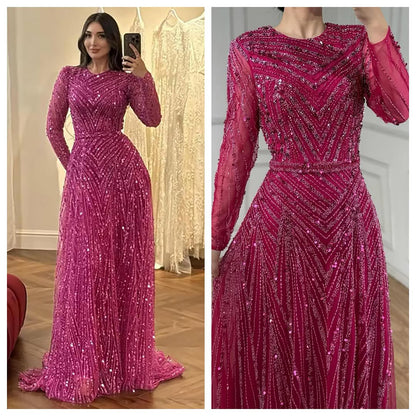 Luxury Fuchsia A-line Beaded Long Sleeve Evening Dress LA73208 - SERENE  HILL