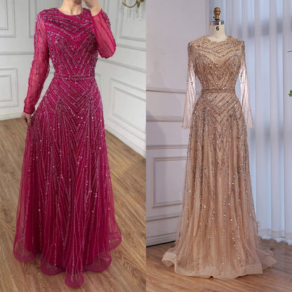 Luxury Fuchsia A-line Beaded Long Sleeve Evening Dress LA73208 - SERENE  HILL
