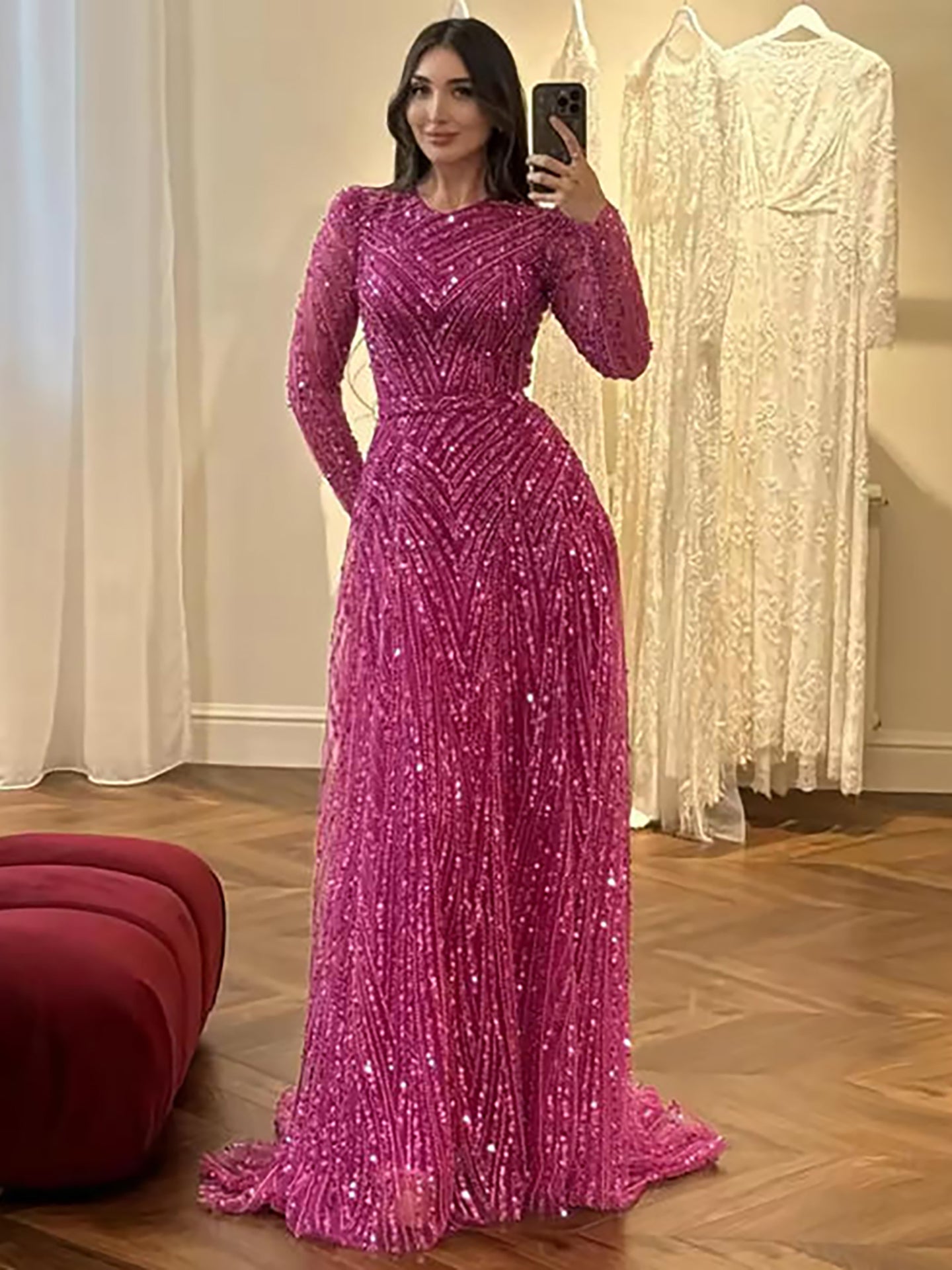 Luxury Fuchsia A-line Beaded Long Sleeve Evening Dress LA73208 nude / 12