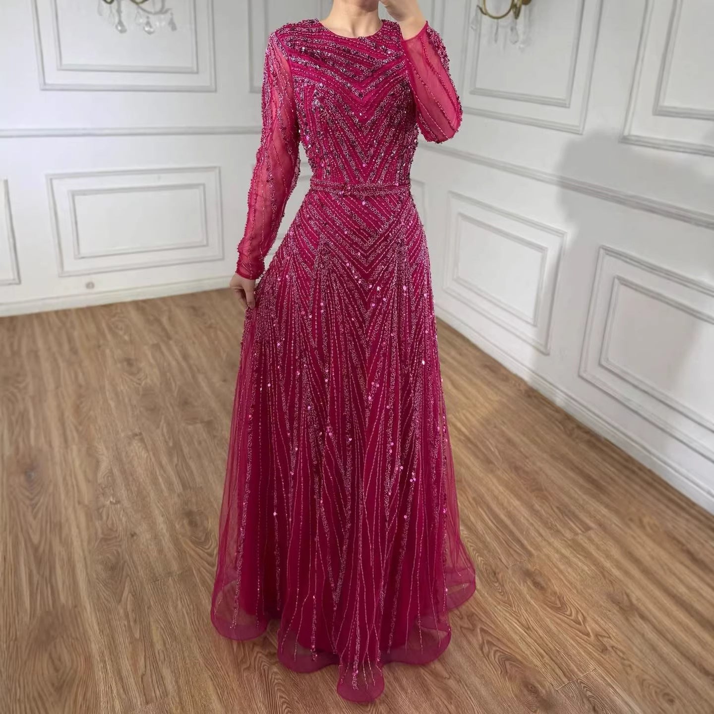 Luxury Fuchsia A-line Beaded Long Sleeve Evening Dress LA73208 – SERENE HILL