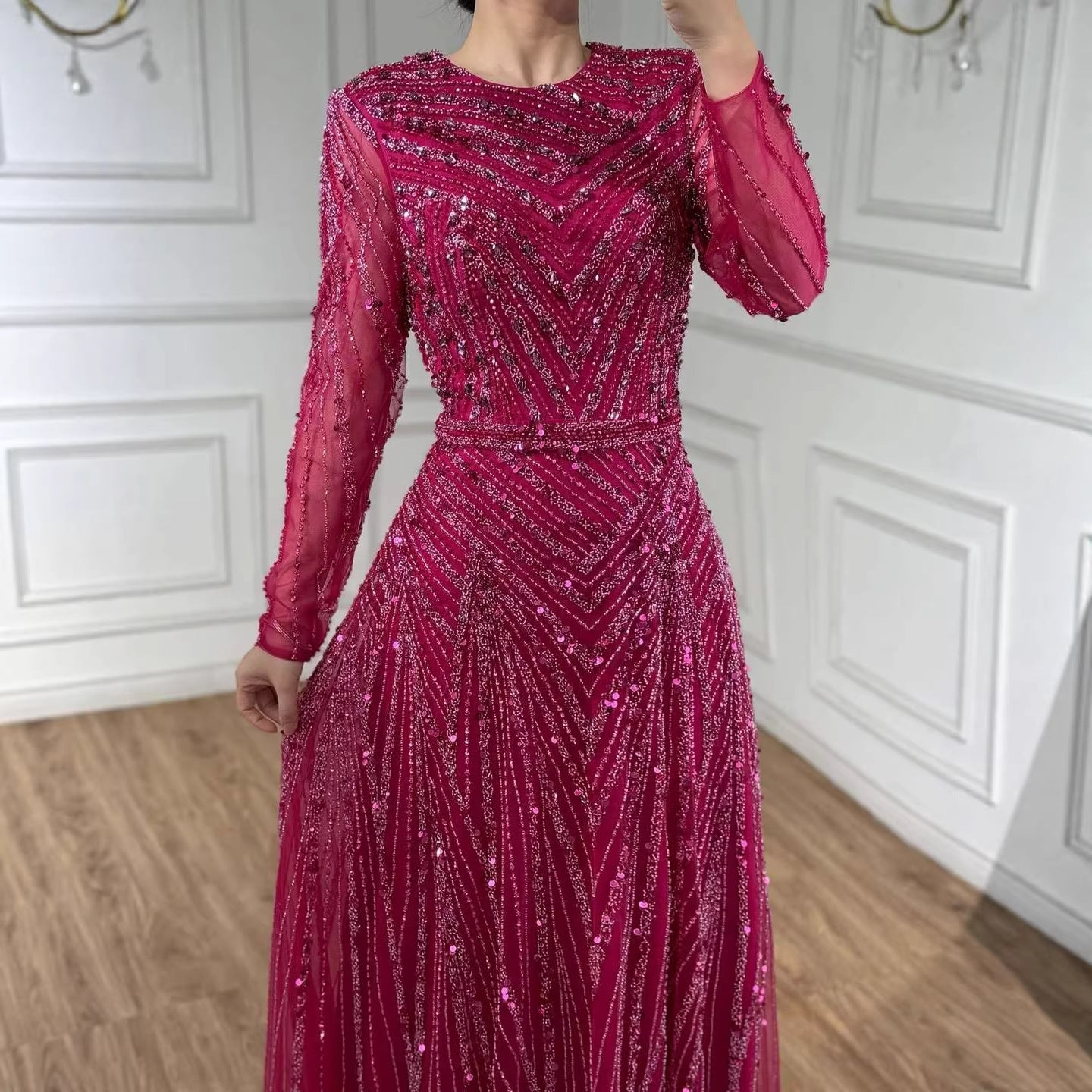 Luxury Fuchsia A-line Beaded Long Sleeve Evening Dress LA73208 - SERENE  HILL