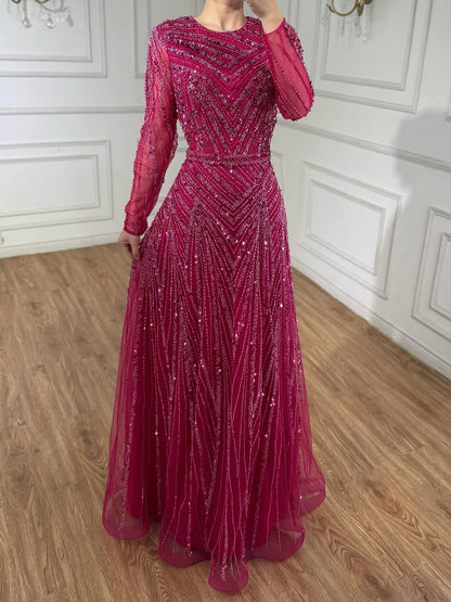 Luxury Fuchsia A-line Beaded Long Sleeve Evening Dress LA73208 - SERENE  HILL