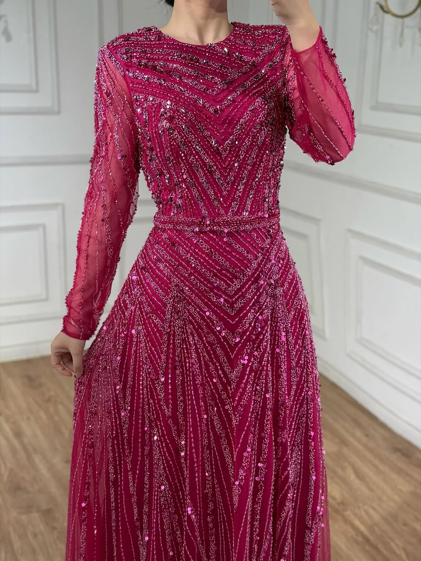 Luxury Fuchsia A-line Beaded Long Sleeve Evening Dress LA73208 - SERENE  HILL