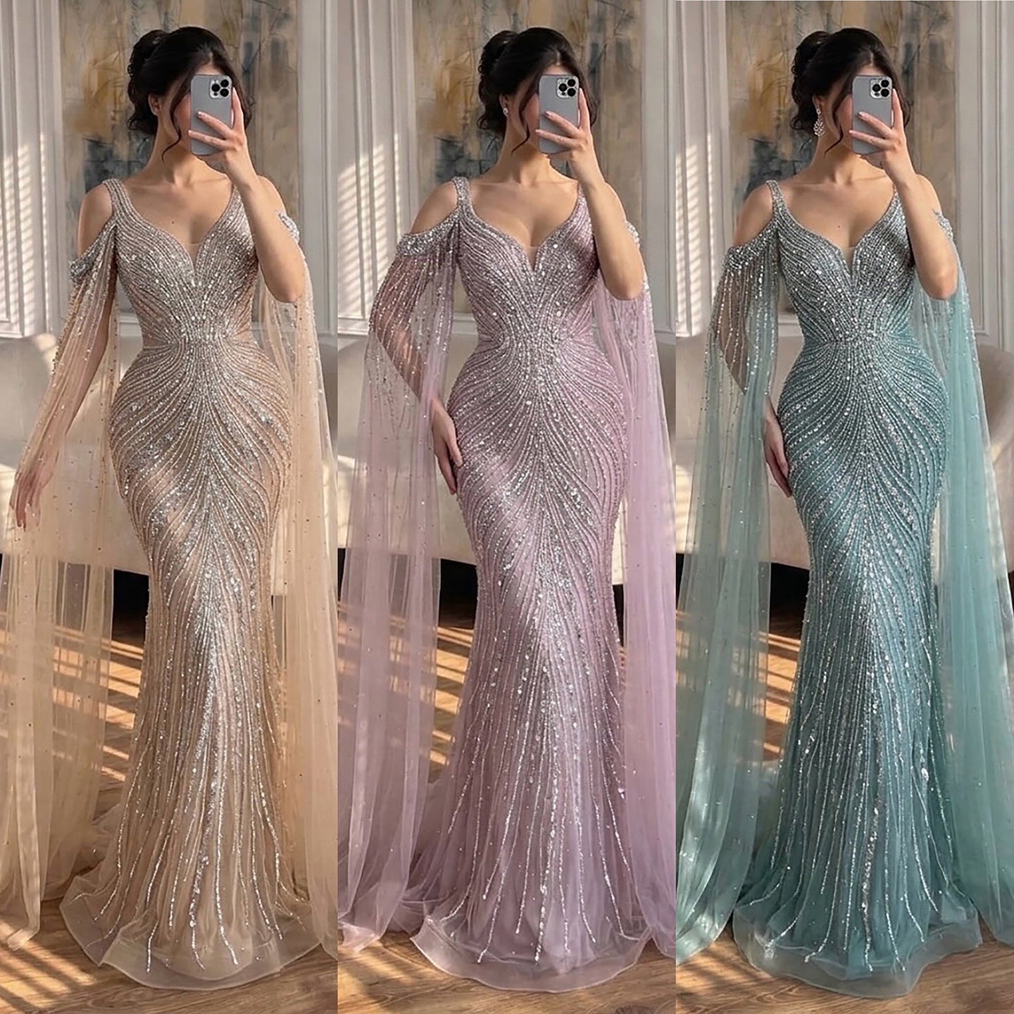 Luxury Pink Beaded Mermaid Evening Dress With Cape Sleeves LA73210A SERENE HILL