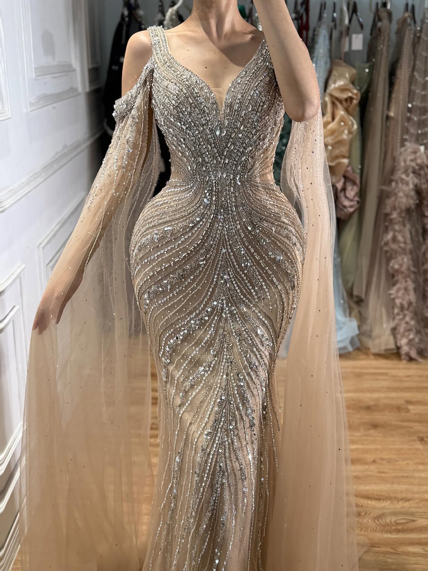 Luxury Pink Beaded Mermaid Evening Dress With Cape Sleeves LA73210A SERENE HILL