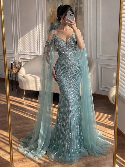 Luxury Pink Beaded Mermaid Evening Dress With Cape Sleeves LA73210A SERENE HILL