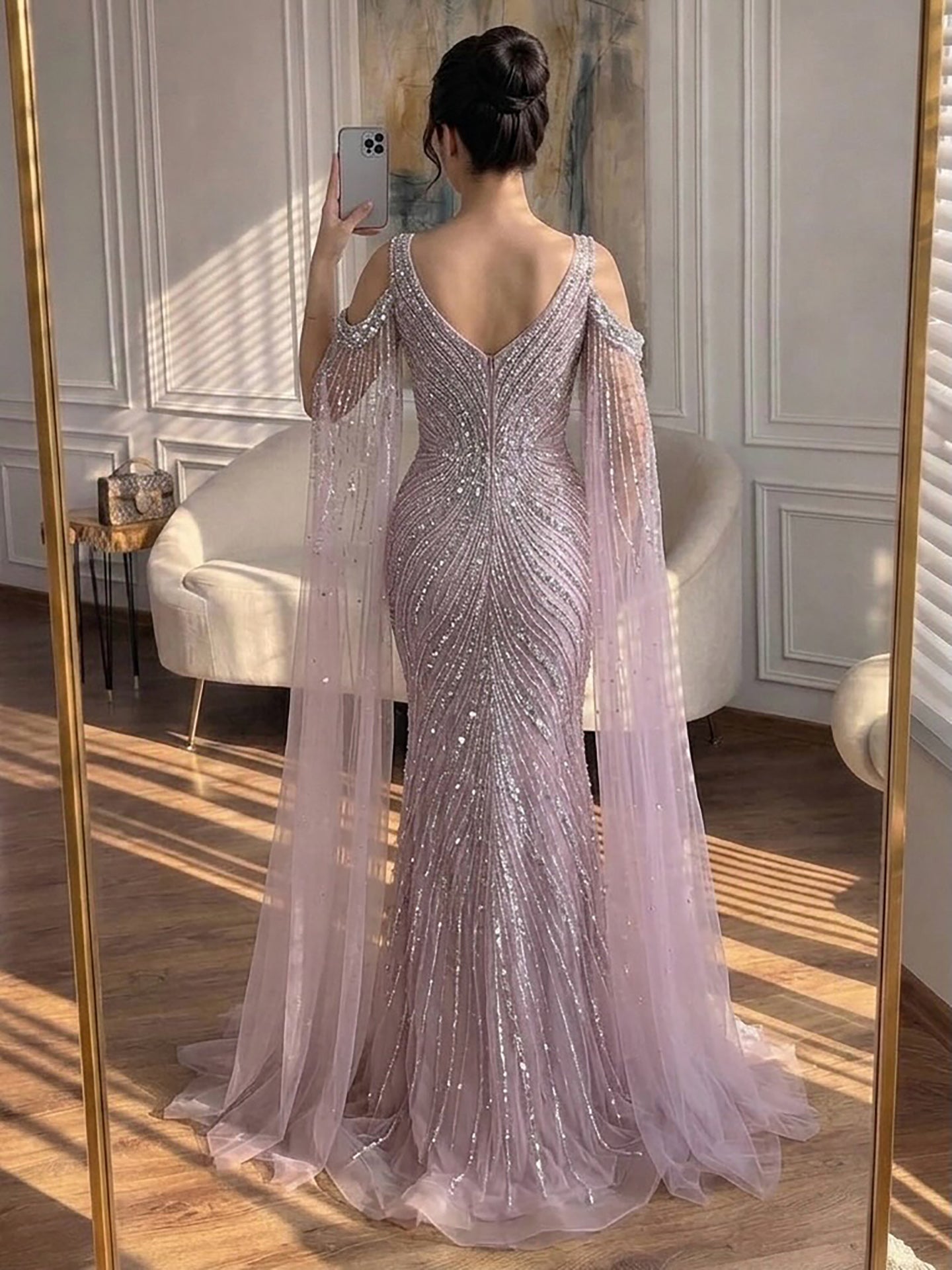 Luxury Pink Beaded Mermaid Evening Dress With Cape Sleeves LA73210A SERENE HILL