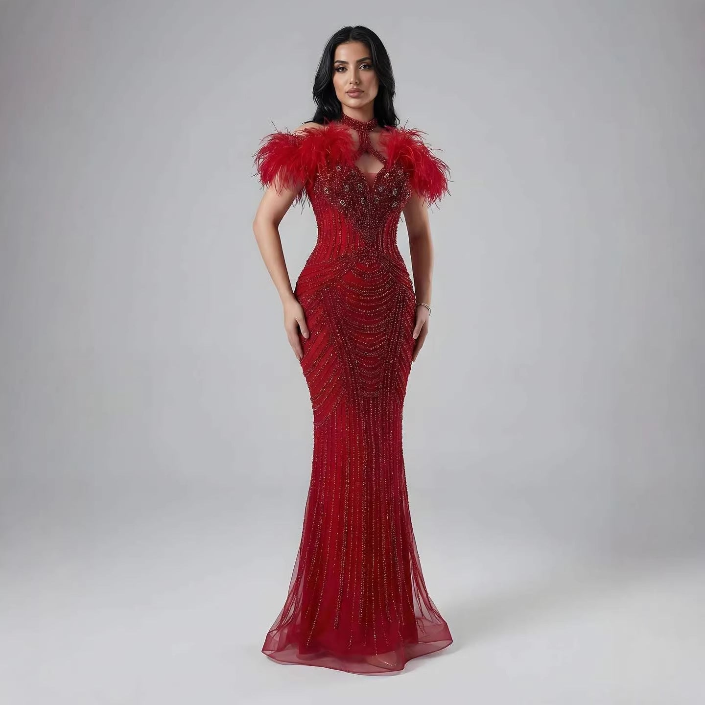Luxury Pink Feather Halter Beaded Evening Gown for Wedding Party LA73212