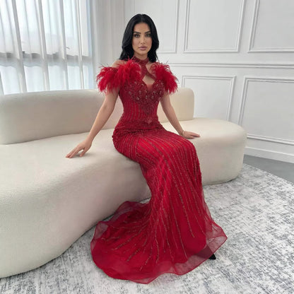 Luxury Pink Feather Halter Beaded Evening Gown for Wedding Party LA73212