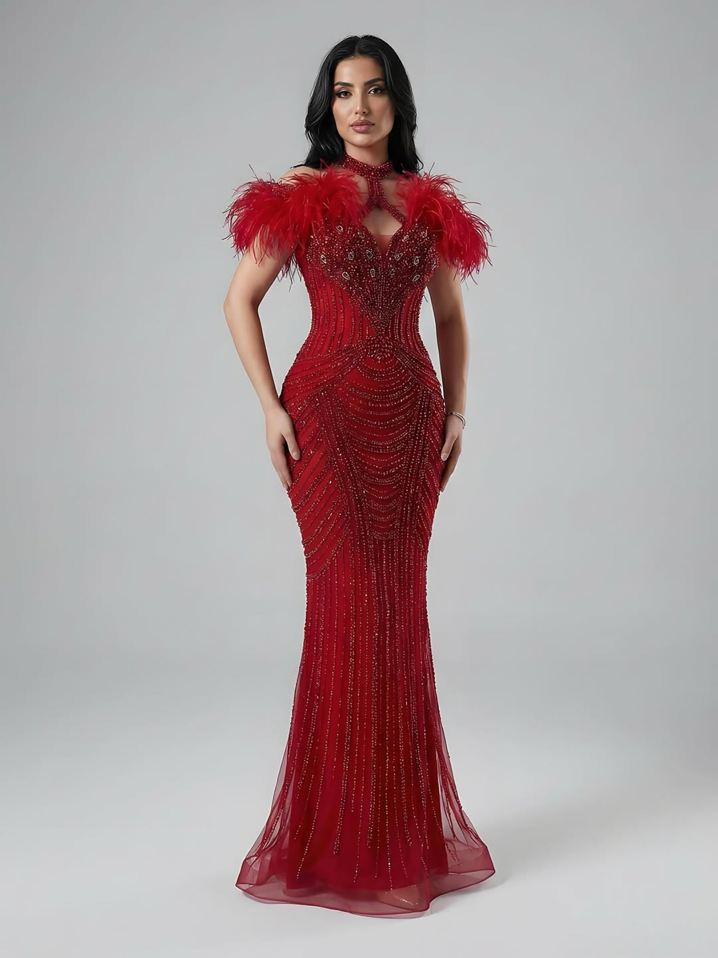 Luxury Pink Feather Halter Beaded Evening Gown for Wedding Party LA73212