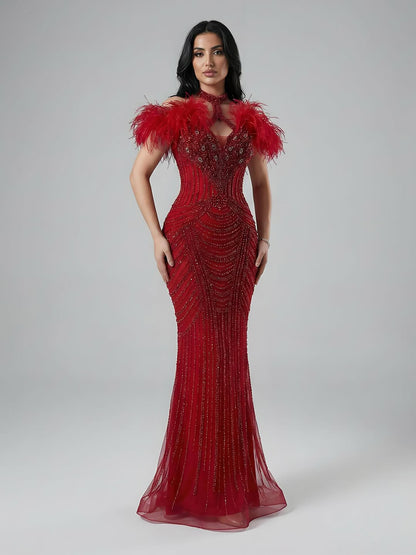 Luxury Pink Feather Halter Beaded Evening Gown for Wedding Party LA73212