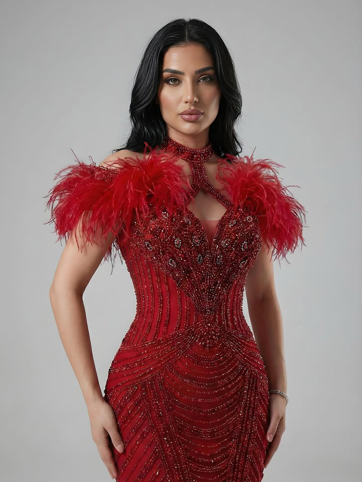 Luxury Pink Feather Halter Beaded Evening Gown for Wedding Party LA73212