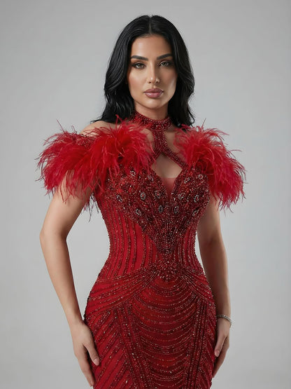 Luxury Pink Feather Halter Beaded Evening Gown for Wedding Party LA73212