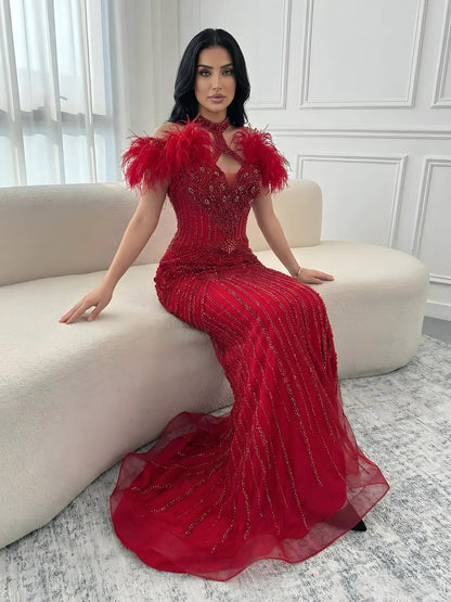 Luxury Pink Feather Halter Beaded Evening Gown for Wedding Party LA73212