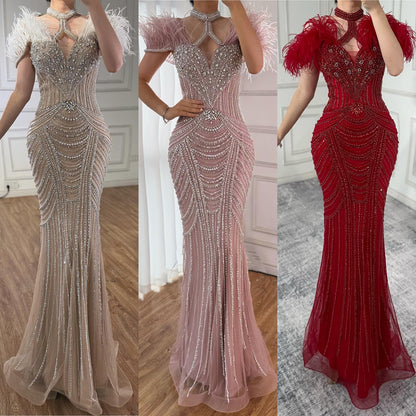 Luxury Pink Feather Halter Beaded Evening Gown for Wedding Party LA73212