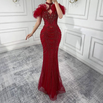 Luxury Pink Feather Halter Beaded Evening Gown for Wedding Party LA73212