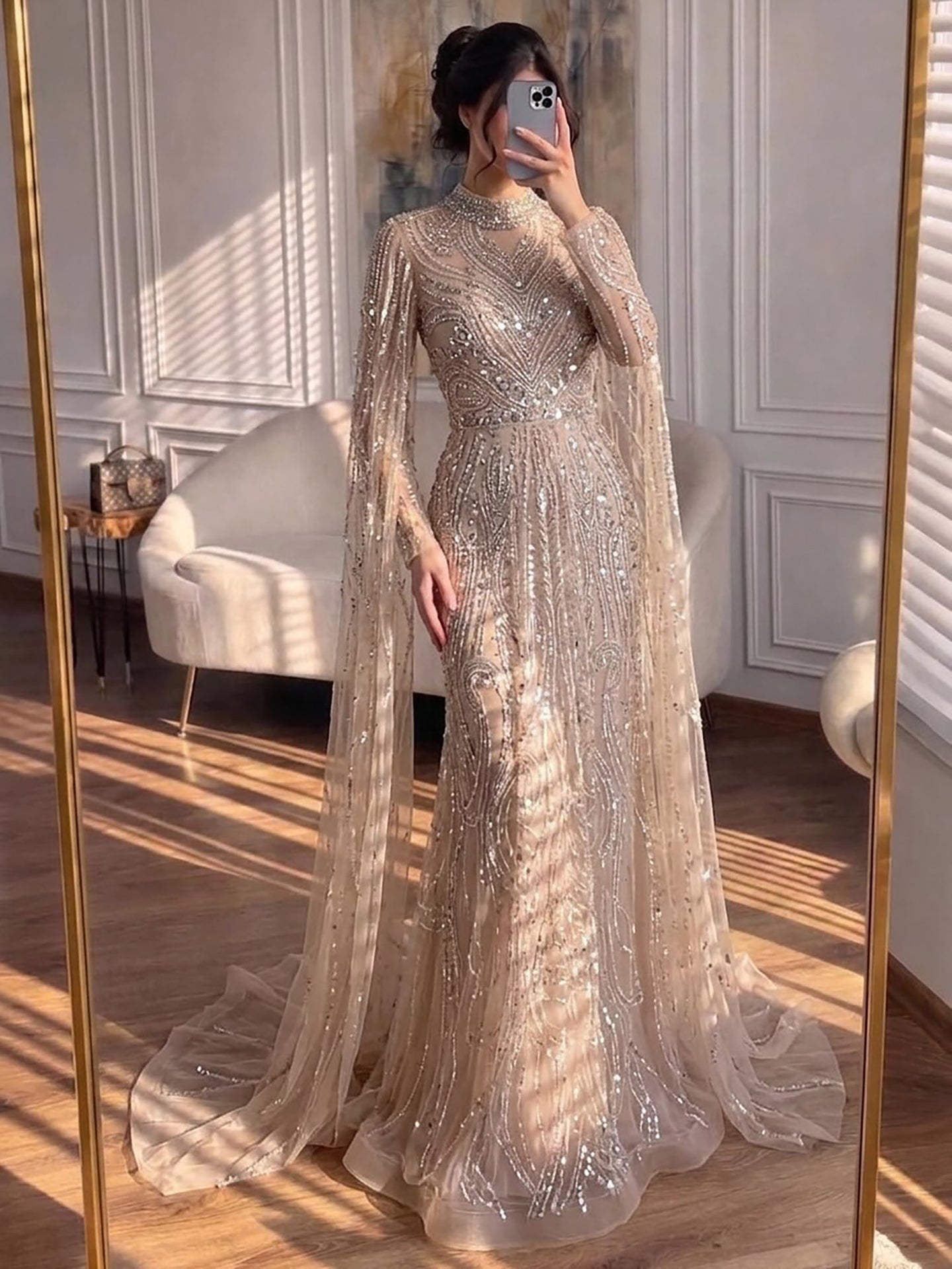 Luxury Sliver Hijab Modest Muslim Beaded Evening Dress LA73215 - SERENE  HILL