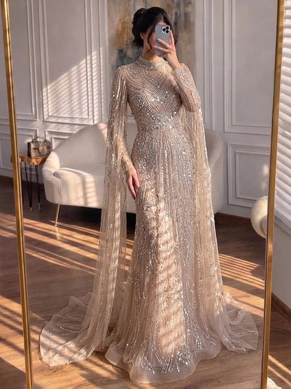 Luxury Sliver Hijab Modest Muslim Beaded Evening Dress LA73215 - SERENE  HILL