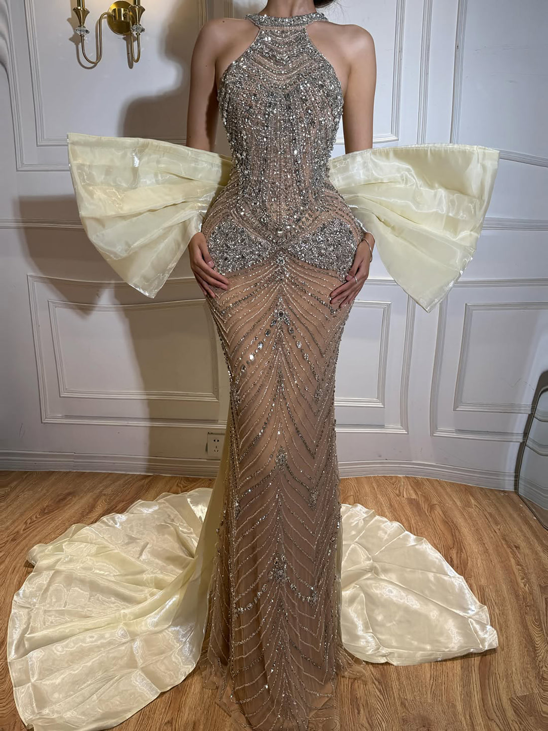 Luxury Kosovo Nude Halter Beaded Evening Dress with Bow Cape LA73218 SERENE HILL