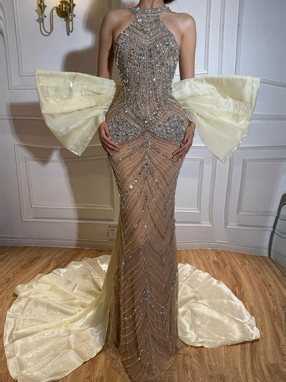 Luxury Kosovo Nude Halter Beaded Evening Dress with Bow Cape LA73218 SERENE HILL