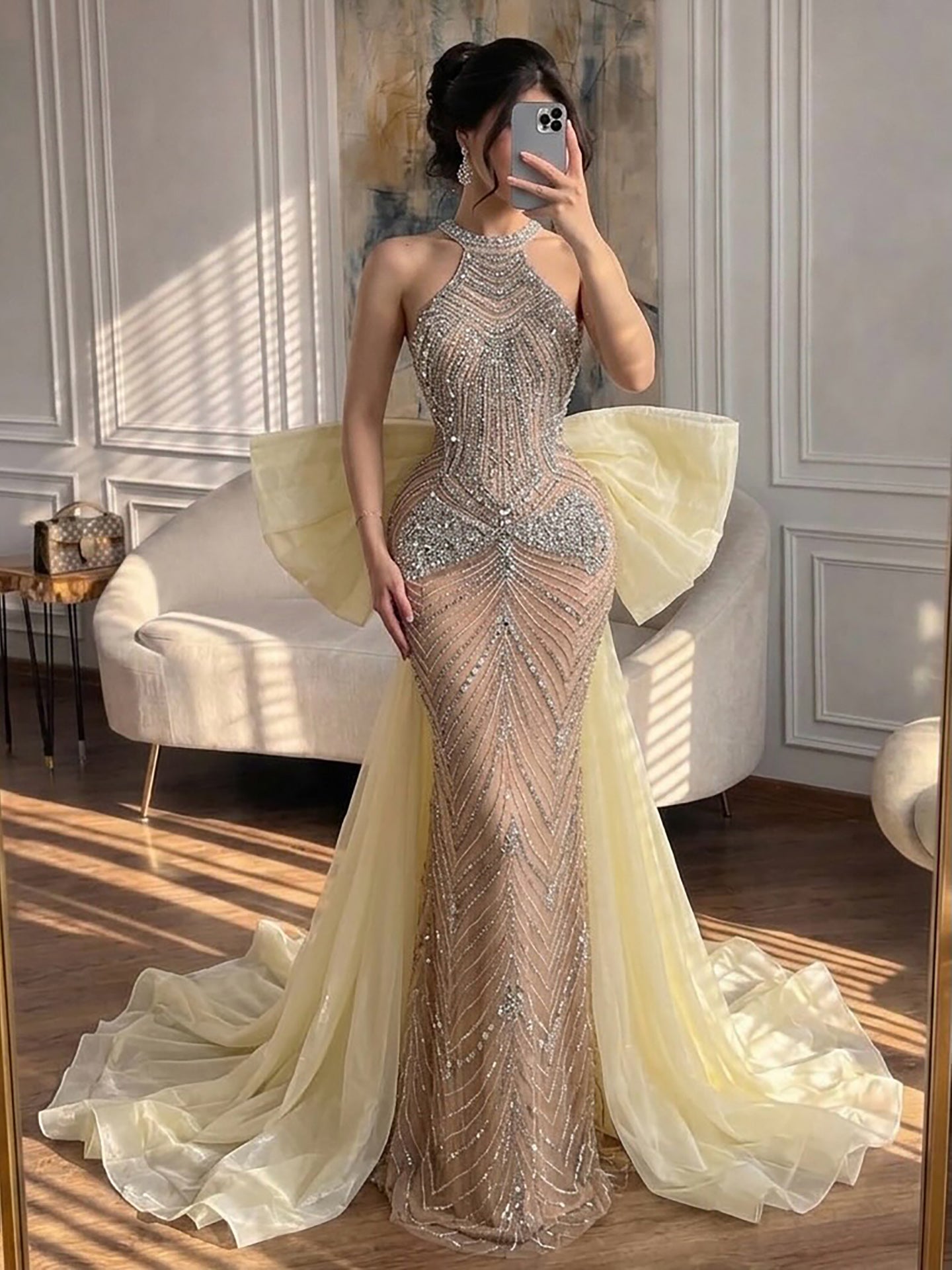 Luxury Kosovo Nude Halter Beaded Evening Dress with Bow Cape LA73218 SERENE HILL