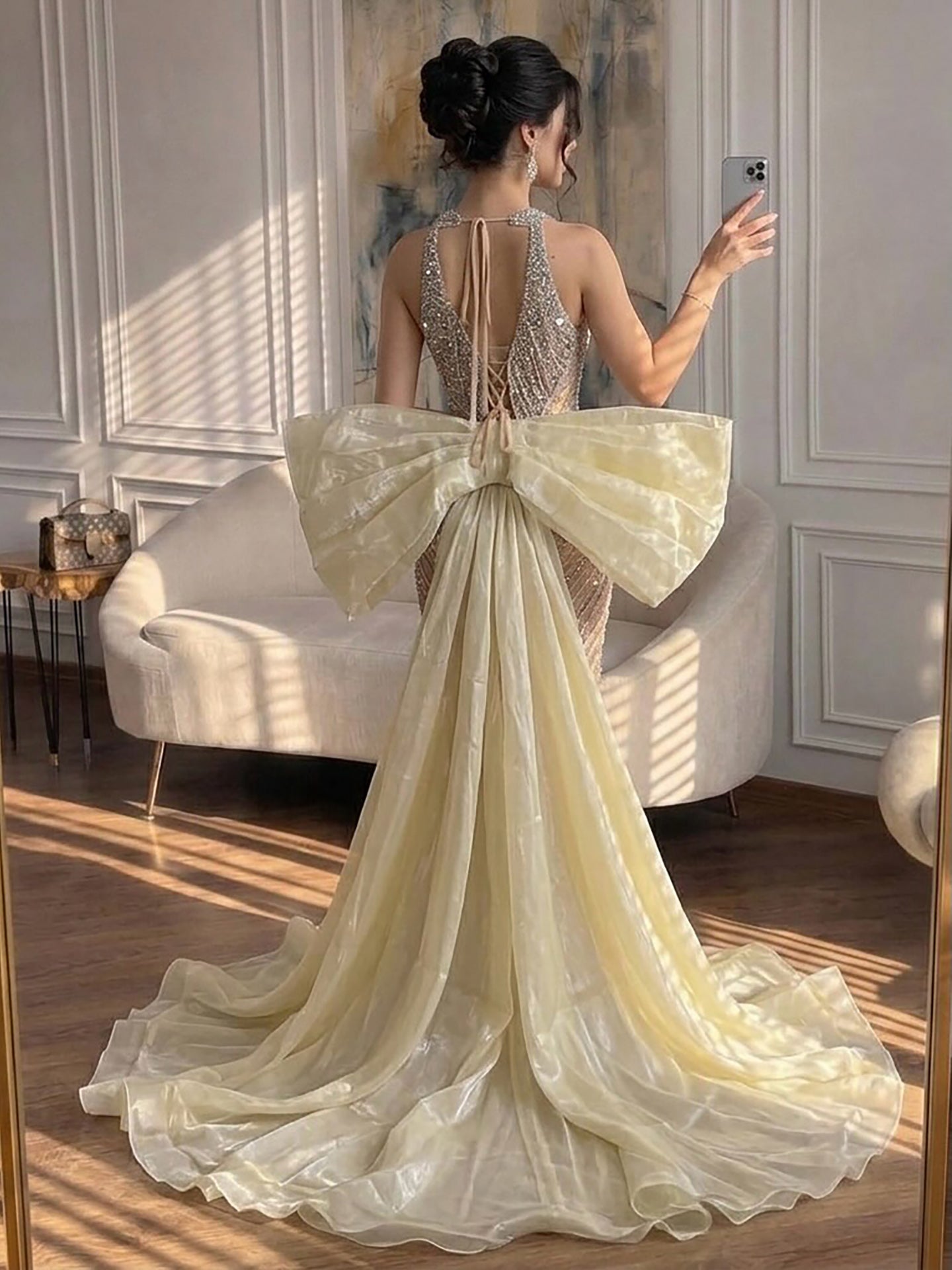 Luxury Kosovo Nude Halter Beaded Evening Dress with Bow Cape LA73218 SERENE HILL
