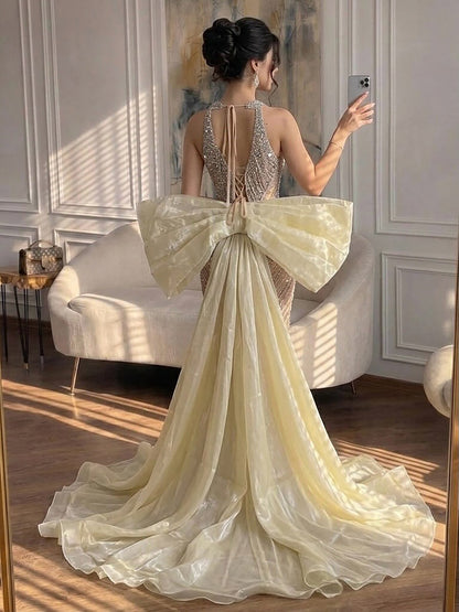 Luxury Kosovo Nude Halter Beaded Evening Dress with Bow Cape LA73218 SERENE HILL
