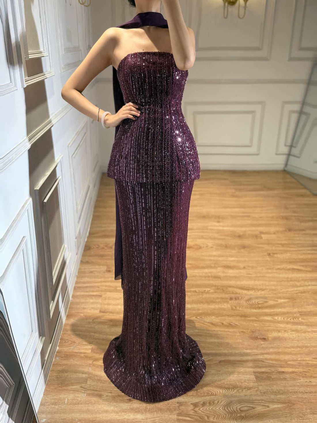 Elegant Arabic Designer Purple Two Pieces Evening Dress for Wedding Guest LA73219