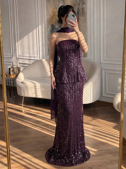Elegant Arabic Designer Purple Two Pieces Evening Dress for Wedding Guest LA73219